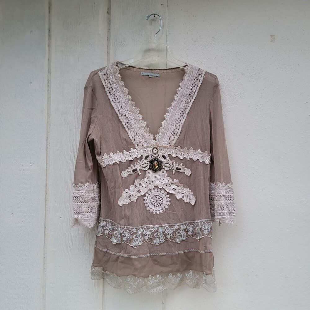 Passion Concept Tunic Sheer Top Embellished Lace Jewel Broach Beaded Mesh Sz XL